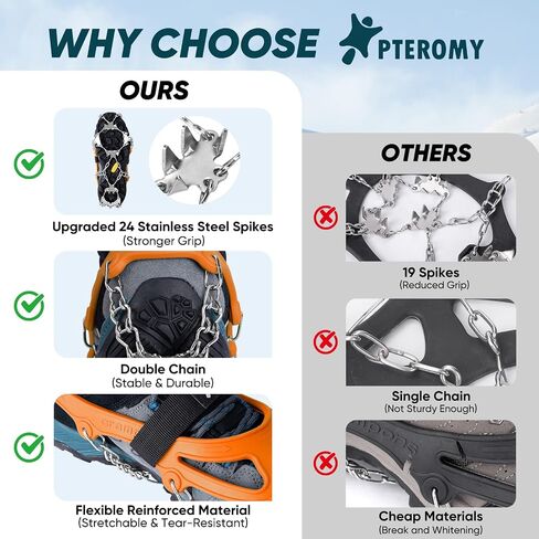PTEROMY Crampons لأحذية المشي لمسافات طويلة مع 24 مسامير من الفولاذ المقاوم للصدأ، ومرابط ثلج للأحذية والأحذية طويلة الرقبة in Kuwait