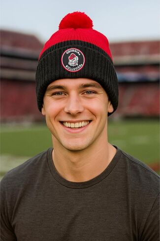 Officially Licensed Georgia Cuffed Knit Pom Beanie Hat Classic Edition Bulldogs Team Logo Winter Cap in Saudi Arabia