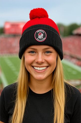 Officially Licensed Georgia Cuffed Knit Pom Beanie Hat Classic Edition Bulldogs Team Logo Winter Cap in Saudi Arabia