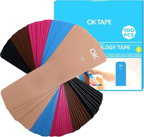 100 قطعة من أشرطة أشرطة علم الحركة المقطوعة مسبقًا من OK TAPE، شريط رياضي مرن لدعم المفاصل وتخفيف آلام العضلات، مقاوم للماء، شريط حركي للكتف والركبة والكاحل (5 ألوان، 2 بوصة × 10 بوصة) in Saudi Arabia