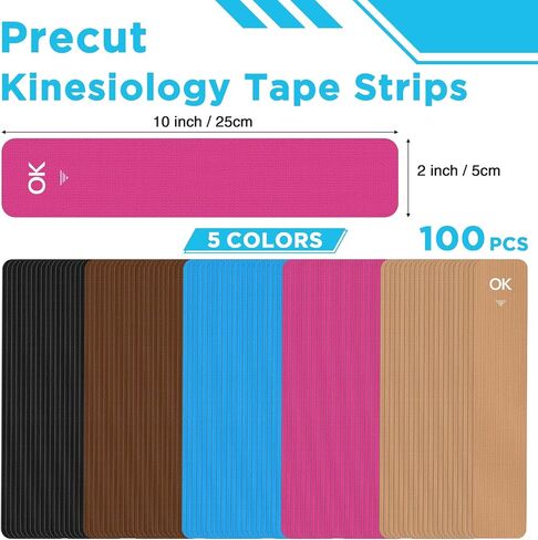 100 قطعة من أشرطة أشرطة علم الحركة المقطوعة مسبقًا من OK TAPE، شريط رياضي مرن لدعم المفاصل وتخفيف آلام العضلات، مقاوم للماء، شريط حركي للكتف والركبة والكاحل (5 ألوان، 2 بوصة × 10 بوصة) in Saudi Arabia