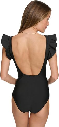 DKNY Women's Ruffle Shoulder V-Neck One Piece Swimsuit with Tummy Control in Saudi Arabia