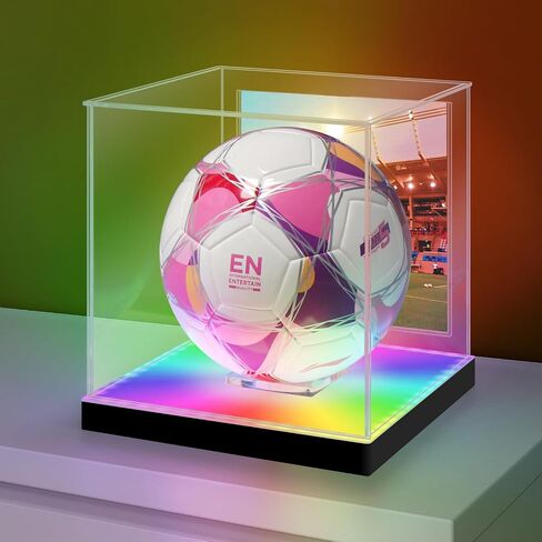 LASOA Football Display Case with RGBW LED Light, Self-Assembly Acrylic Display Box for Memorabilia, UV Protection Dust Proof for Full Size Autographed Ball with Ball Stand and Photo Holder in Saudi Arabia