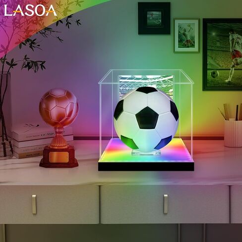 LASOA Football Display Case with RGBW LED Light, Self-Assembly Acrylic Display Box for Memorabilia, UV Protection Dust Proof for Full Size Autographed Ball with Ball Stand and Photo Holder in Saudi Arabia