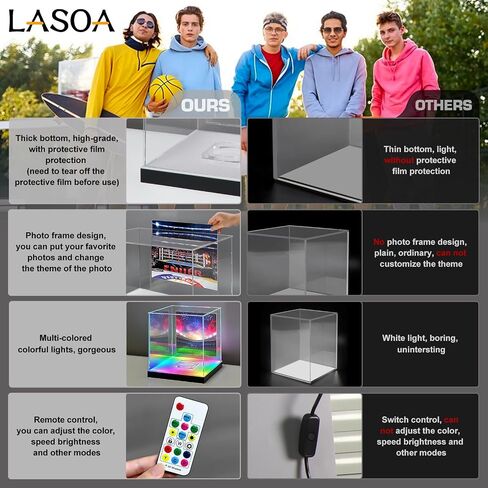 LASOA Football Display Case with RGBW LED Light, Self-Assembly Acrylic Display Box for Memorabilia, UV Protection Dust Proof for Full Size Autographed Ball with Ball Stand and Photo Holder in Saudi Arabia