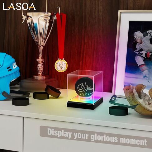 LASOA Football Display Case with RGBW LED Light, Self-Assembly Acrylic Display Box for Memorabilia, UV Protection Dust Proof for Full Size Autographed Ball with Ball Stand and Photo Holder in Saudi Arabia