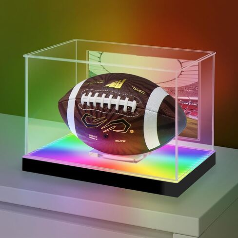 LASOA Football Display Case with RGBW LED Light, Self-Assembly Acrylic Display Box for Memorabilia, UV Protection Dust Proof for Full Size Autographed Ball with Ball Stand and Photo Holder in Saudi Arabia