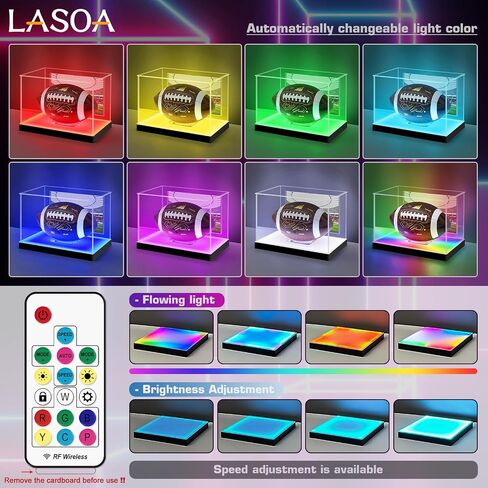 LASOA Football Display Case with RGBW LED Light, Self-Assembly Acrylic Display Box for Memorabilia, UV Protection Dust Proof for Full Size Autographed Ball with Ball Stand and Photo Holder in Saudi Arabia