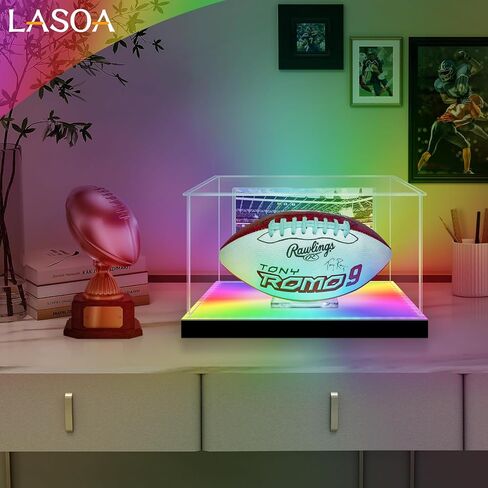 LASOA Football Display Case with RGBW LED Light, Self-Assembly Acrylic Display Box for Memorabilia, UV Protection Dust Proof for Full Size Autographed Ball with Ball Stand and Photo Holder in Saudi Arabia