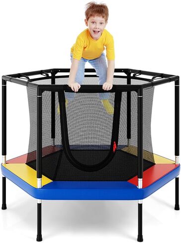 Giantex 48" Kids Trampoline, Outdoor Indoor Mini Recreational Round Trampoline w/Safety Enclosure Net, Foam Padded Handrails, Stable Hexagonal Shape Toddler Trampolines for Kids Gift in Saudi Arabia