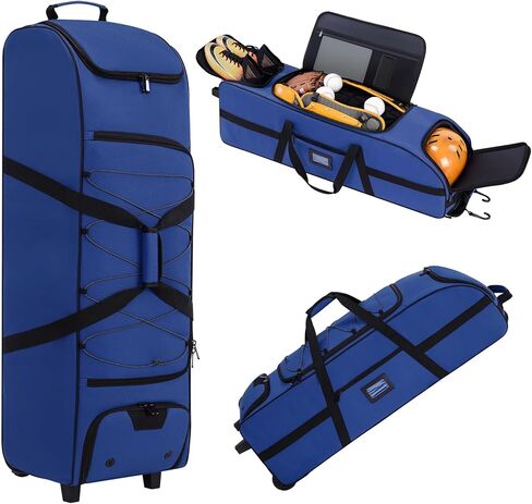 حقيبة معدات التقاط كبيرة محمولة بعجلات، حقيبة بيسبول بعجلات لـ 4 مضارب، جيوب متعددة، خطاف سياج| المتداول لمعدات الكرة اللينة والبيسبول in Kuwait