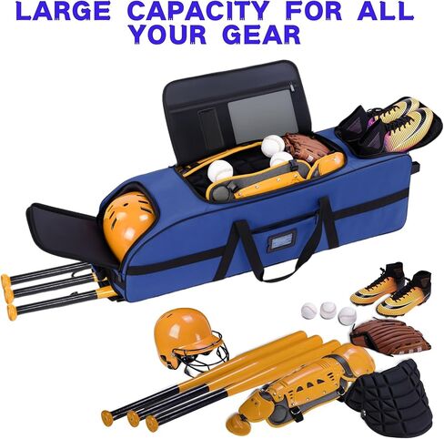 حقيبة معدات التقاط كبيرة محمولة بعجلات، حقيبة بيسبول بعجلات لـ 4 مضارب، جيوب متعددة، خطاف سياج| المتداول لمعدات الكرة اللينة والبيسبول in Kuwait
