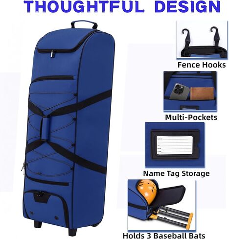 حقيبة معدات التقاط كبيرة محمولة بعجلات، حقيبة بيسبول بعجلات لـ 4 مضارب، جيوب متعددة، خطاف سياج| المتداول لمعدات الكرة اللينة والبيسبول in Kuwait