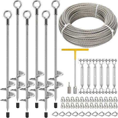 4 Pcs 30" Ground Anchors Heavy Duty with 50ft 1/4" Stainless Steel Cable & 4Pcs Turnbuckle, Fully Welded Ground Anchors Screw in Auger Earth Anchors for Sheds, Mobile Home, Tent, Swing Set in Saudi Arabia