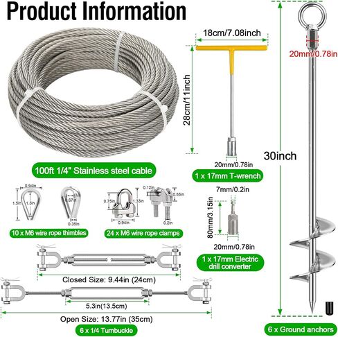 4 Pcs 30" Ground Anchors Heavy Duty with 50ft 1/4" Stainless Steel Cable & 4Pcs Turnbuckle, Fully Welded Ground Anchors Screw in Auger Earth Anchors for Sheds, Mobile Home, Tent, Swing Set in Saudi Arabia