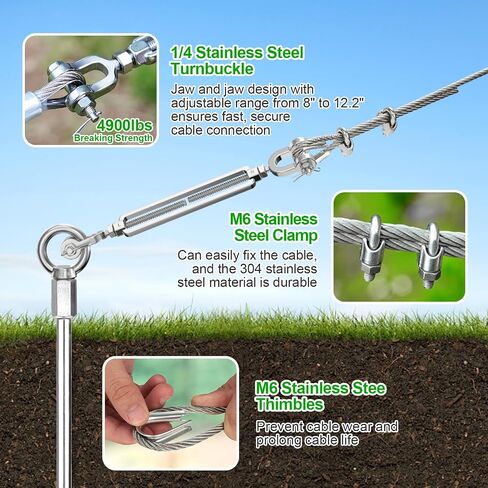 4 Pcs 30" Ground Anchors Heavy Duty with 50ft 1/4" Stainless Steel Cable & 4Pcs Turnbuckle, Fully Welded Ground Anchors Screw in Auger Earth Anchors for Sheds, Mobile Home, Tent, Swing Set in Saudi Arabia