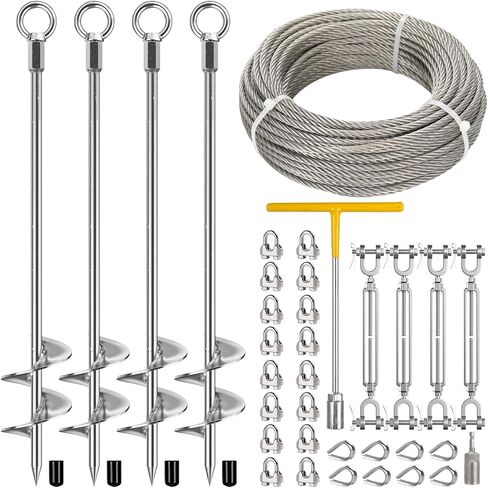 4 Pcs 30" Ground Anchors Heavy Duty with 50ft 1/4" Stainless Steel Cable & 4Pcs Turnbuckle, Fully Welded Ground Anchors Screw in Auger Earth Anchors for Sheds, Mobile Home, Tent, Swing Set in Saudi Arabia