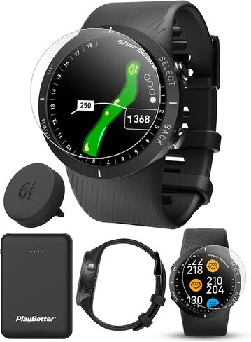 مجموعة ساعة Shot Scope V5 (أسود) للجولف GPS - تتبع الأداء التلقائي، خرائط الفتحات الكاملة، المسافات إلى الخضر، المخاطر، Doglegs مع شاحن محمول PlayBetter وحاميات الشاشة in Saudi Arabia