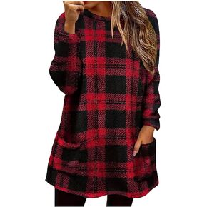 Womens Buffalo Plaid Cozy Sweaters Long Sleeve Round Neck Flannel Thermal Shirts Fleece Pullover Winter Sweatshirt Tops in Kuwait