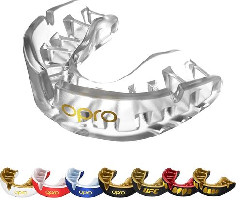 واقي الفم من OPRO Gold Level - واقي فم قابل للتشكيل مع راحة ممتازة، وحماية متعددة الطبقات للملاكمة، وفنون القتال المختلطة، والرجبي، والهوكي، وقطعة الفم لكرة القدم - يتضمن حافظة (شفافة، للكبار) in Kuwait