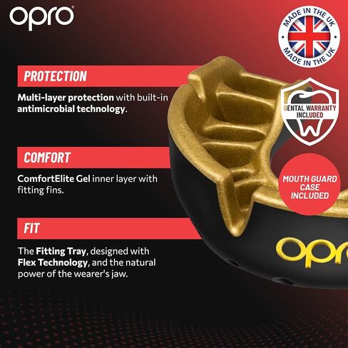 واقي الفم من OPRO Gold Level - واقي فم قابل للتشكيل مع راحة ممتازة، وحماية متعددة الطبقات للملاكمة، وفنون القتال المختلطة، والرجبي، والهوكي، وقطعة الفم لكرة القدم - يتضمن حافظة (شفافة، للكبار) in Kuwait