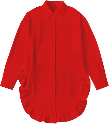 Women’s Oversized Ruffle Hem Shirt Dress Long Sleeve Button Down Tops Casual Loose Fit Tunic Blouse Cover Up in Saudi Arabia