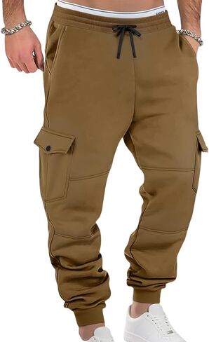 Men's Casual Cargo Sweatpants Fleece Lined Workout Joggers Athletic Drawstring Pants with Multi Pockets in Saudi Arabia
