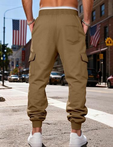 Men's Casual Cargo Sweatpants Fleece Lined Workout Joggers Athletic Drawstring Pants with Multi Pockets in Saudi Arabia