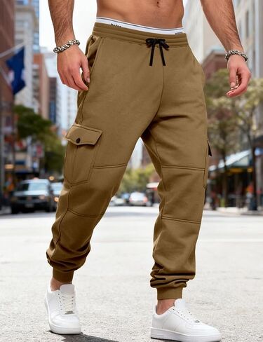 Men's Casual Cargo Sweatpants Fleece Lined Workout Joggers Athletic Drawstring Pants with Multi Pockets in Saudi Arabia