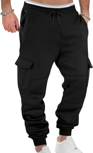 Men's Casual Cargo Sweatpants Fleece Lined Workout Joggers Athletic Drawstring Pants with Multi Pockets in Saudi Arabia
