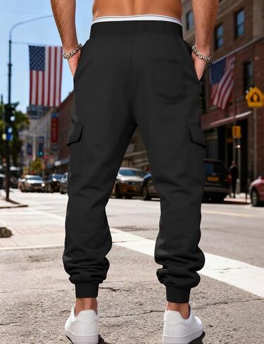 Men's Casual Cargo Sweatpants Fleece Lined Workout Joggers Athletic Drawstring Pants with Multi Pockets in Saudi Arabia