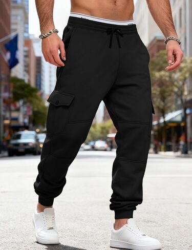 Men's Casual Cargo Sweatpants Fleece Lined Workout Joggers Athletic Drawstring Pants with Multi Pockets in Saudi Arabia