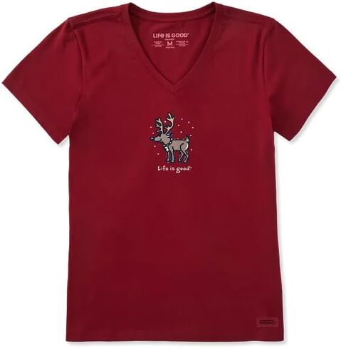 Life is Good. Women's Snowy Reindeer Short Sleeve Crusher Vee, Adirondack Red in Saudi Arabia