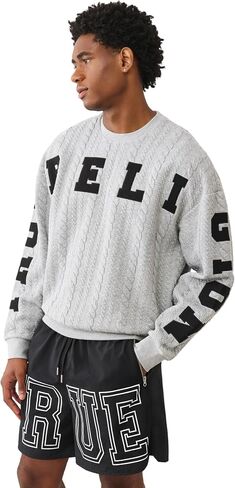 True Religion Men's Fleece Applique Sweatshirt – Cozy Pullover Crewneck with Graphic in Saudi Arabia