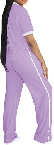PINSV Women's 2 Piece Outfits Lounge Set V Neck Short Sleeve Top and Wide Leg Pants Tracksuit Casual Sets in Saudi Arabia