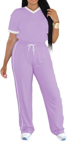 PINSV Women's 2 Piece Outfits Lounge Set V Neck Short Sleeve Top and Wide Leg Pants Tracksuit Casual Sets in Saudi Arabia