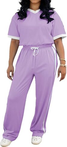 PINSV Women's 2 Piece Outfits Lounge Set V Neck Short Sleeve Top and Wide Leg Pants Tracksuit Casual Sets in Saudi Arabia
