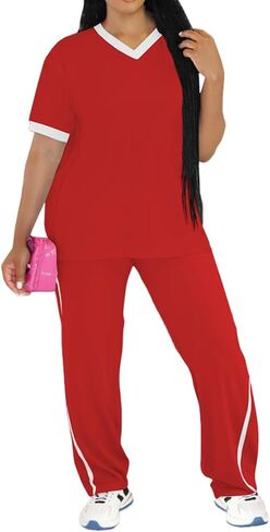 PINSV Women's 2 Piece Outfits Lounge Set V Neck Short Sleeve Top and Wide Leg Pants Tracksuit Casual Sets in Saudi Arabia