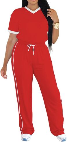 PINSV Women's 2 Piece Outfits Lounge Set V Neck Short Sleeve Top and Wide Leg Pants Tracksuit Casual Sets in Saudi Arabia