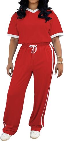 PINSV Women's 2 Piece Outfits Lounge Set V Neck Short Sleeve Top and Wide Leg Pants Tracksuit Casual Sets in Saudi Arabia