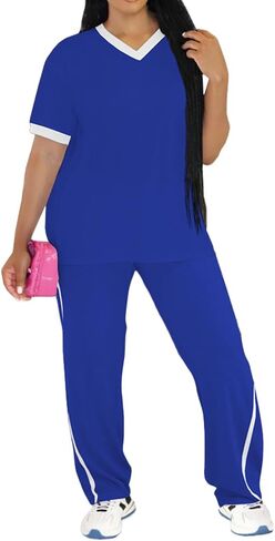 PINSV Women's 2 Piece Outfits Lounge Set V Neck Short Sleeve Top and Wide Leg Pants Tracksuit Casual Sets in Saudi Arabia