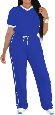 PINSV Women's 2 Piece Outfits Lounge Set V Neck Short Sleeve Top and Wide Leg Pants Tracksuit Casual Sets in Saudi Arabia