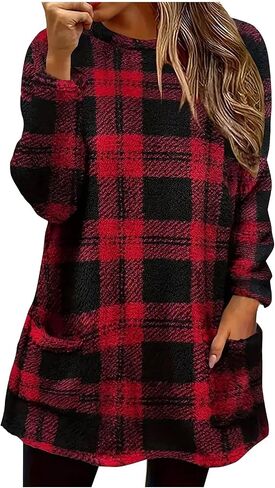 Womens Buffalo Plaid Cozy Sweaters Long Sleeve Round Neck Flannel Thermal Shirts Fleece Pullover Winter Sweatshirt Tops in Saudi Arabia
