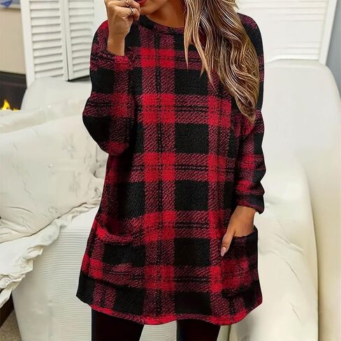 Womens Buffalo Plaid Cozy Sweaters Long Sleeve Round Neck Flannel Thermal Shirts Fleece Pullover Winter Sweatshirt Tops in Saudi Arabia