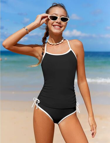 Girls Swimsuit Two Piece Cross-Back Straps Girls Tankini Contrast Trim Drawstring Girl Bathing Suit for Teens 9-16Y in Kuwait