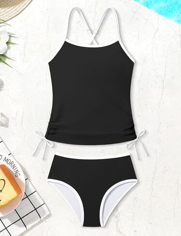 Girls Swimsuit Two Piece Cross-Back Straps Girls Tankini Contrast Trim Drawstring Girl Bathing Suit for Teens 9-16Y in Kuwait