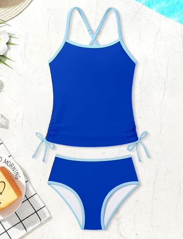 Girls Swimsuit Two Piece Cross-Back Straps Girls Tankini Contrast Trim Drawstring Girl Bathing Suit for Teens 9-16Y in Kuwait
