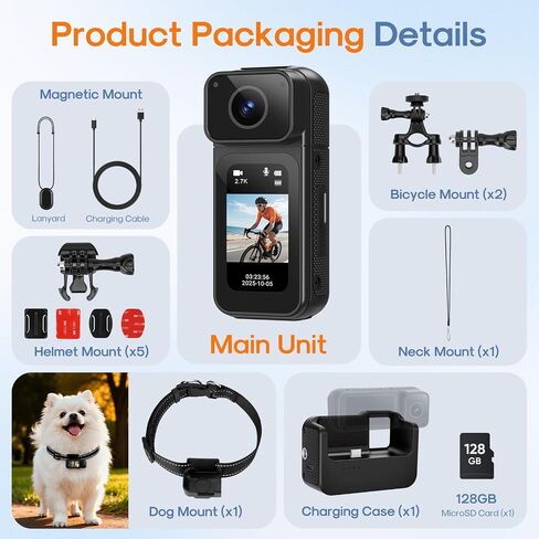 Mini Body Camera 128G with 1.47inch LCD Screen, 2.7K Thumb Size Action Body Cam with Audio&Video Thumb Hands Free POV Recording, Mount Free, Magnetic Sport DV for Bike Cycling Vlogging Pet Walk Swim in Saudi Arabia