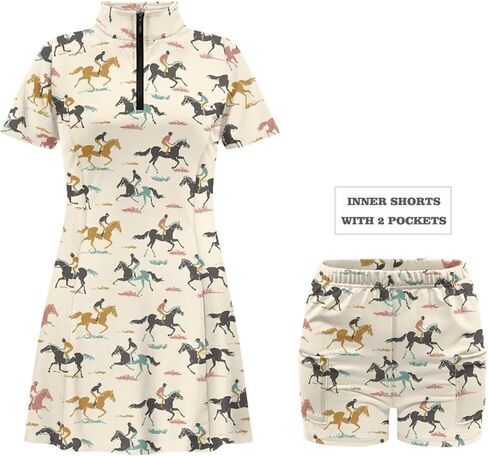 ملابس جولف للسيدات، فستان تنس برقبة على شكل حرف V وأكمام قصيرة، شورت مدمج، فستان رياضي للجولف مع جيوب in Kuwait