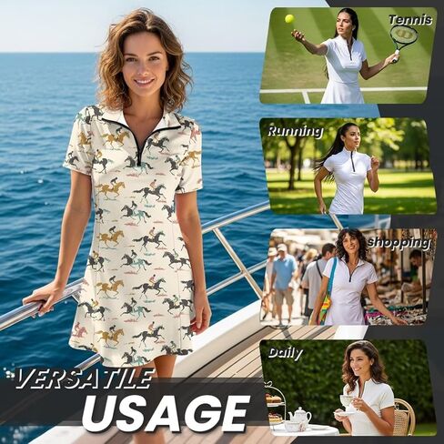 ملابس جولف للسيدات، فستان تنس برقبة على شكل حرف V وأكمام قصيرة، شورت مدمج، فستان رياضي للجولف مع جيوب in Kuwait